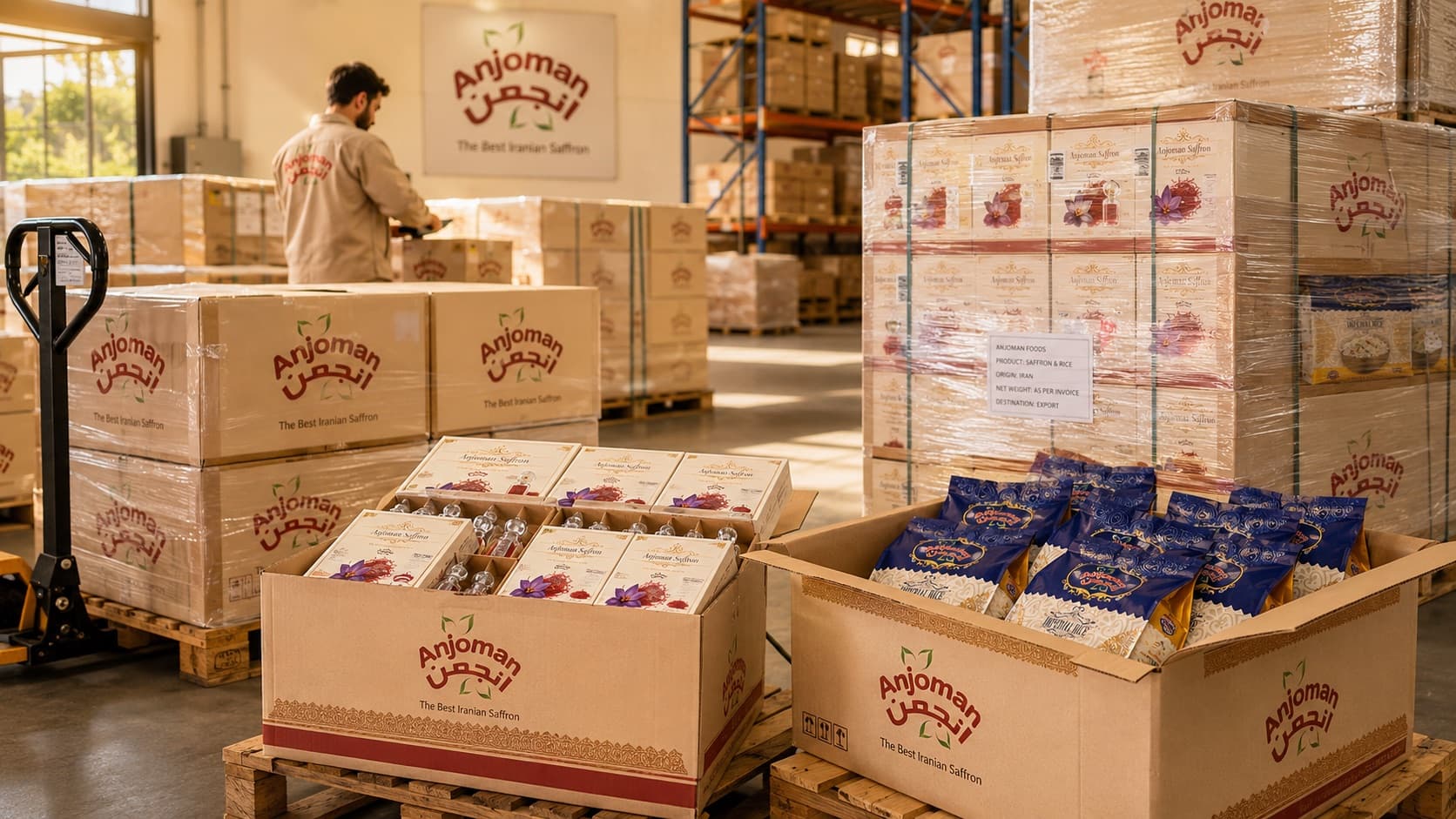 Anjoman branded cartons and pallets ready for export