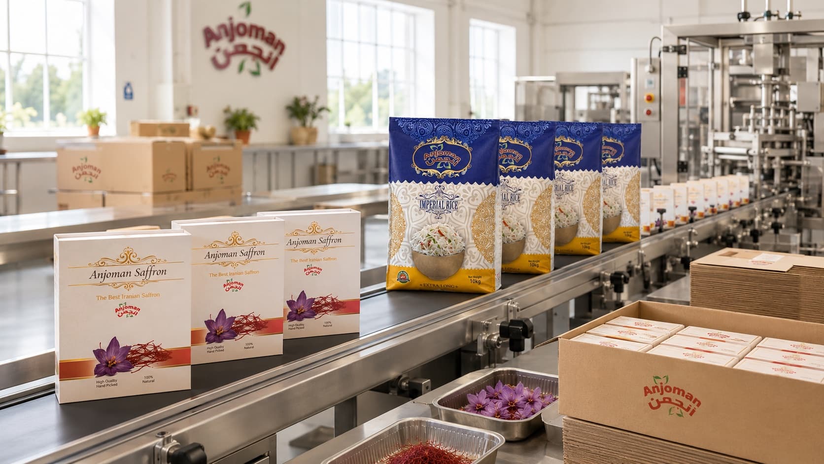 Anjoman saffron boxes and Imperial Rice packs on the Dunstable production line