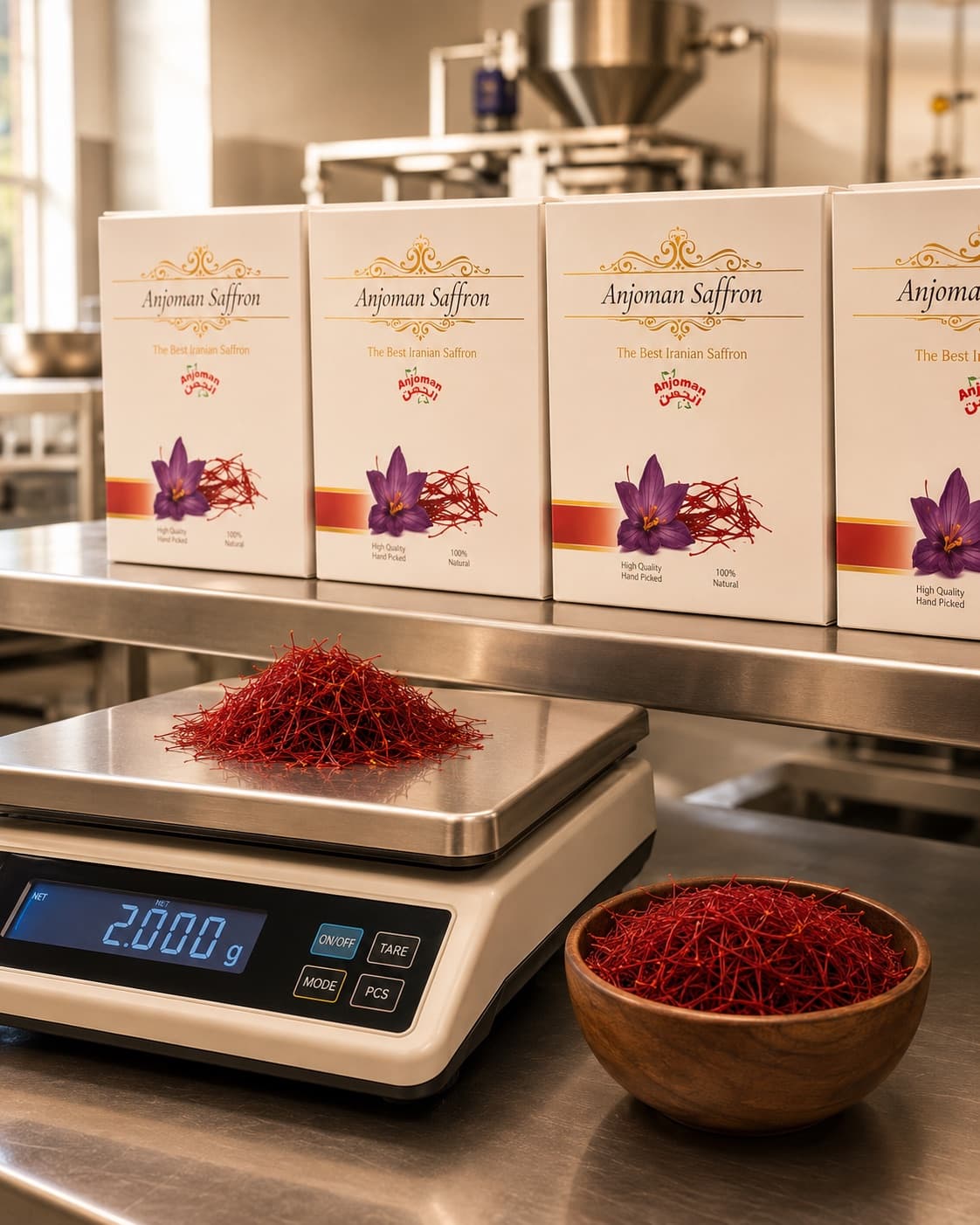 Anjoman saffron weighed on a precision scale beside boxes on the Dunstable line