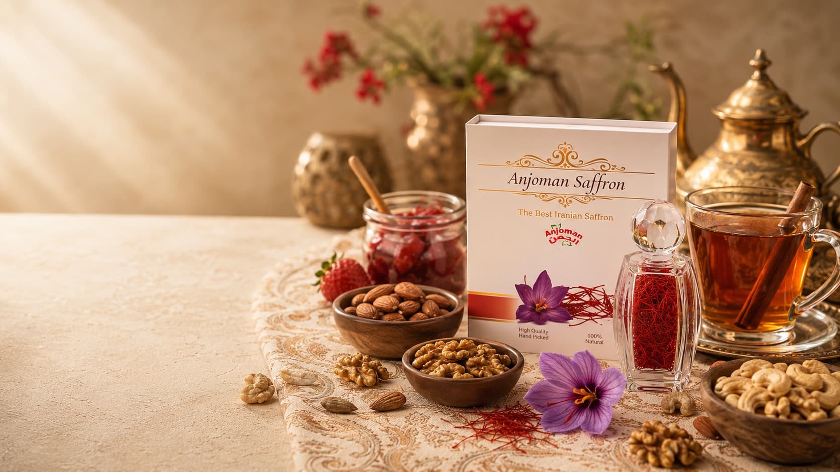 Anjoman Saffron box with saffron threads, tea, nuts and a fresh crocus flower