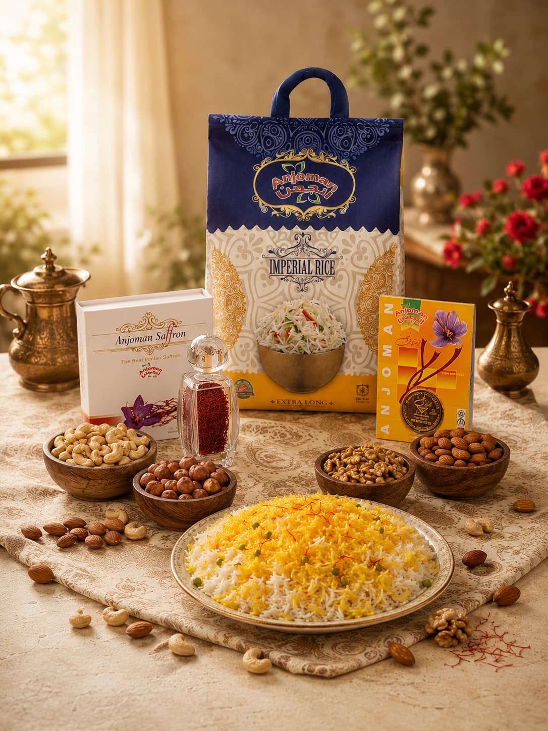 Anjoman range: Grade-1 saffron, Imperial rice, mixed nuts and saffron rice